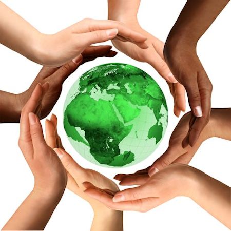 Image of many hands around green globe